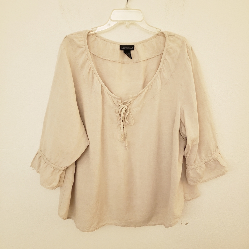 Lane Bryant Tan Linen Blend Boho Top with Lace Up Neckline Size 26/28 EUC